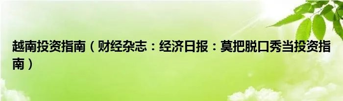 越南投资指南（财经杂志：经济日报：莫把脱口秀当投资指南）