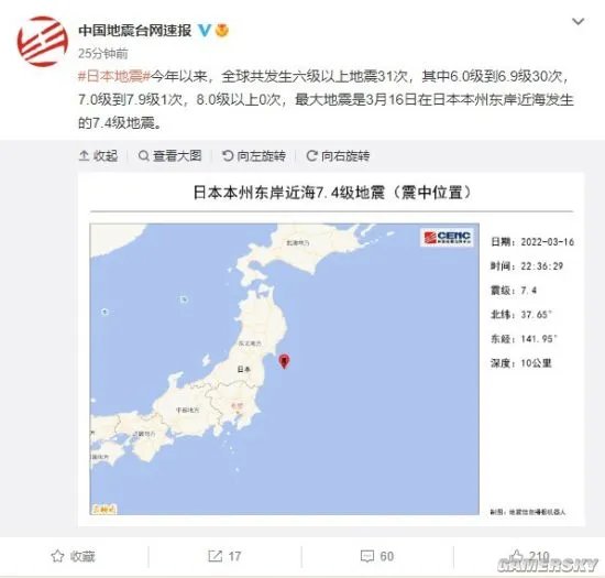 日本发生2022年全球最大地震 7.4级紧邻福岛