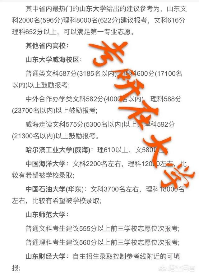 2018年山东各个大学的高考分数线是多少?