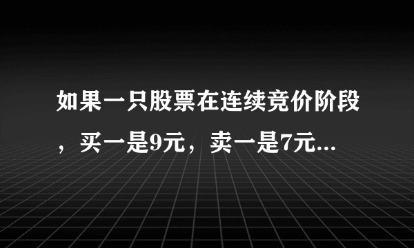 如果一只股票在连续竞价阶段，买一是9元，卖一是7元，那么成交价是多少呢？